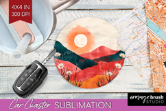 Boho Landscape Car Coaster - Minimalist Coaster PNG Product Image 1