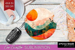 Boho Landscape Car Coaster - Minimalist Coaster PNG Product Image 1