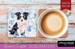 Border Collie Dog Square Coaster Blue Toile Coaster PNG Product Image 1