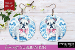Bulldog Dog Round Earrings Blue Toile PNG Sublimation Product Image 1
