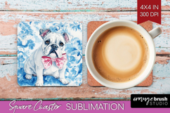 Bulldog Dog Square Coaster Blue Toile Coaster PNG Product Image 1