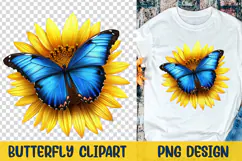 Blue Butterfly On Sunflower Clipart. Butterflies Sublimation Product Image 3