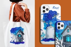 Grave and old house in the cemetery. Watercolor PNG clipart Product Image 2