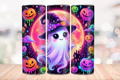 Neon Cute Ghost 20 OZ Skinny Tumbler Wrap Sublimation PNG. Product Image 2
