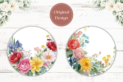 Floral Wreath Coaster, Watercolor Flowers Round Coaster Product Image 2