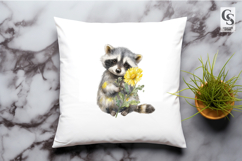Cute Raccoon With Yellow Flowers Watercolor Clipart PNG Product Image 3