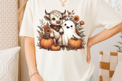 Retro Halloween Ghost And Highland Cow Png, Floral Fall Png. Product Image 2