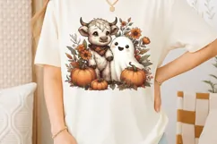 Retro Halloween Ghost And Highland Cow Png, Floral Fall Png. Product Image 2