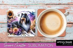 Collie Square Coaster Dog Sublimation Floral PNG Product Image 1