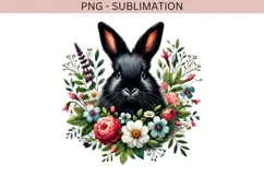 Black rabbit with flowers png design for T-shirts Product Image 2