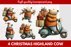 4 Christmas Highland Cow Clipart | Rustic Festive Cow PNG Product Image 1