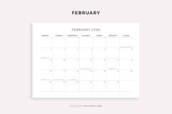2026 Monthly Calendar with Holidays, Landscape, Printable Product Image 2