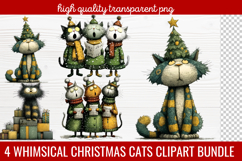 4 Whimsical Christmas Cats Clipart | Cute Festive Cat PNG Product Image 1