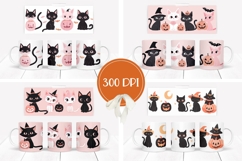 Cartoon Halloween Cats Mug Wrap, Fall Pumpkins Mug PNG Product Image 2
