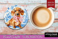 Dachshund Dog Round Coaster Blue Toile Coaster PNG Product Image 1