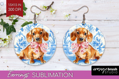 Dachshund Dog Round Earrings Blue Toile PNG Sublimation Product Image 1
