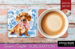 Dachshund Dog Square Coaster Blue Toile Coaster PNG Product Image 1