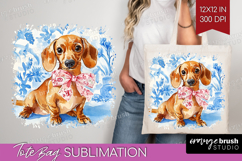 Dachshund Dog Tote Bag Blue Toile Tote Bag PNG Sublimation Product Image 1