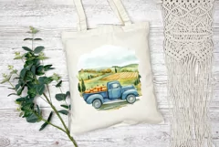 Blue Farm Truck Illustration, Watercolor Farm Pumpkins PNG Product Image 2