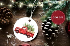 Watercolor Christmas Ornament, Christmas Red Truck PNG Product Image 2