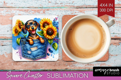 Denim Square Coaster - Dog In Pocket Coaster PNG Sublimation Product Image 1