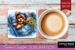Denim Square Coaster - Dog In Pocket Coaster PNG Sublimation Product Image 1