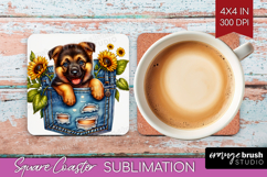 Denim Square Coaster - Dog In Pocket Coaster PNG Sublimation Product Image 1