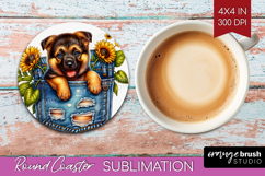 Denim Round Coaster - Dog In Pocket Coaster PNG Sublimation Product Image 1