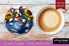 Denim Round Coaster - Dog In Pocket Coaster PNG Sublimation Product Image 1