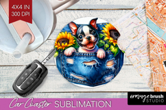 Denim Car Coaster - Dog In Pocket Coaster PNG Sublimation Product Image 1