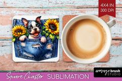 Denim Square Coaster - Dog In Pocket Coaster PNG Sublimation Product Image 1