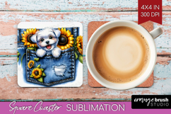Denim Square Coaster - Dog In Pocket Coaster PNG Sublimation Product Image 1
