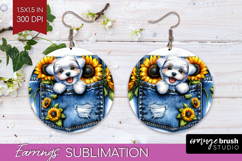 Denim Round Earrings - Dog In Pocket PNG Sublimation Product Image 1