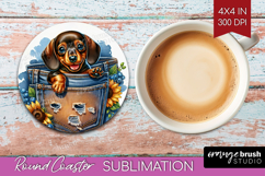 Denim Round Coaster - Dog In Pocket Coaster PNG Sublimation Product Image 1