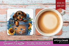 Denim Square Coaster - Dog In Pocket Coaster PNG Sublimation Product Image 1