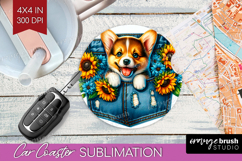 Denim Car Coaster - Dog In Pocket Coaster PNG Sublimation Product Image 1