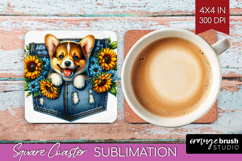 Denim Square Coaster - Dog In Pocket Coaster PNG Sublimation Product Image 1