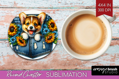 Denim Round Coaster - Dog In Pocket Coaster PNG Sublimation Product Image 1