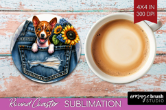 Denim Round Coaster - Dog In Pocket Coaster PNG Sublimation Product Image 1