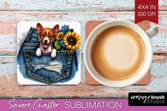 Denim Square Coaster - Dog In Pocket Coaster PNG Sublimation Product Image 1