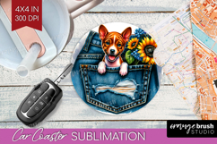 Denim Car Coaster - Dog In Pocket Coaster PNG Sublimation Product Image 1
