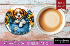 Denim Round Coaster - Dog In Pocket Coaster PNG Sublimation Product Image 1