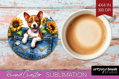 Denim Round Coaster - Dog In Pocket Coaster PNG Sublimation Product Image 1
