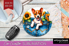 Denim Car Coaster - Dog In Pocket Coaster PNG Sublimation Product Image 1