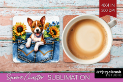 Denim Square Coaster - Dog In Pocket Coaster PNG Sublimation Product Image 1