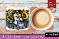 Denim Square Coaster - Dog In Pocket Coaster PNG Sublimation Product Image 1
