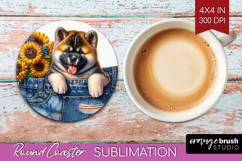 Denim Round Coaster - Dog In Pocket Coaster PNG Sublimation Product Image 1