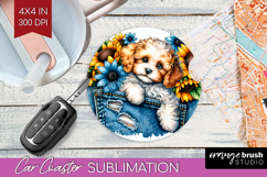 Denim Car Coaster - Dog In Pocket Coaster PNG Sublimation Product Image 1