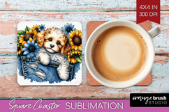 Denim Square Coaster - Dog In Pocket Coaster PNG Sublimation Product Image 1