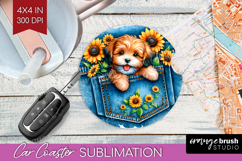 Denim Car Coaster - Dog In Pocket Coaster PNG Sublimation Product Image 1